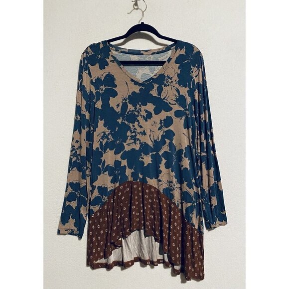 LOGO Lori Goldstein Top Womens Medium Floral Knit Tunic Asymmetrical Ruffle Hem - Picture 1 of 9